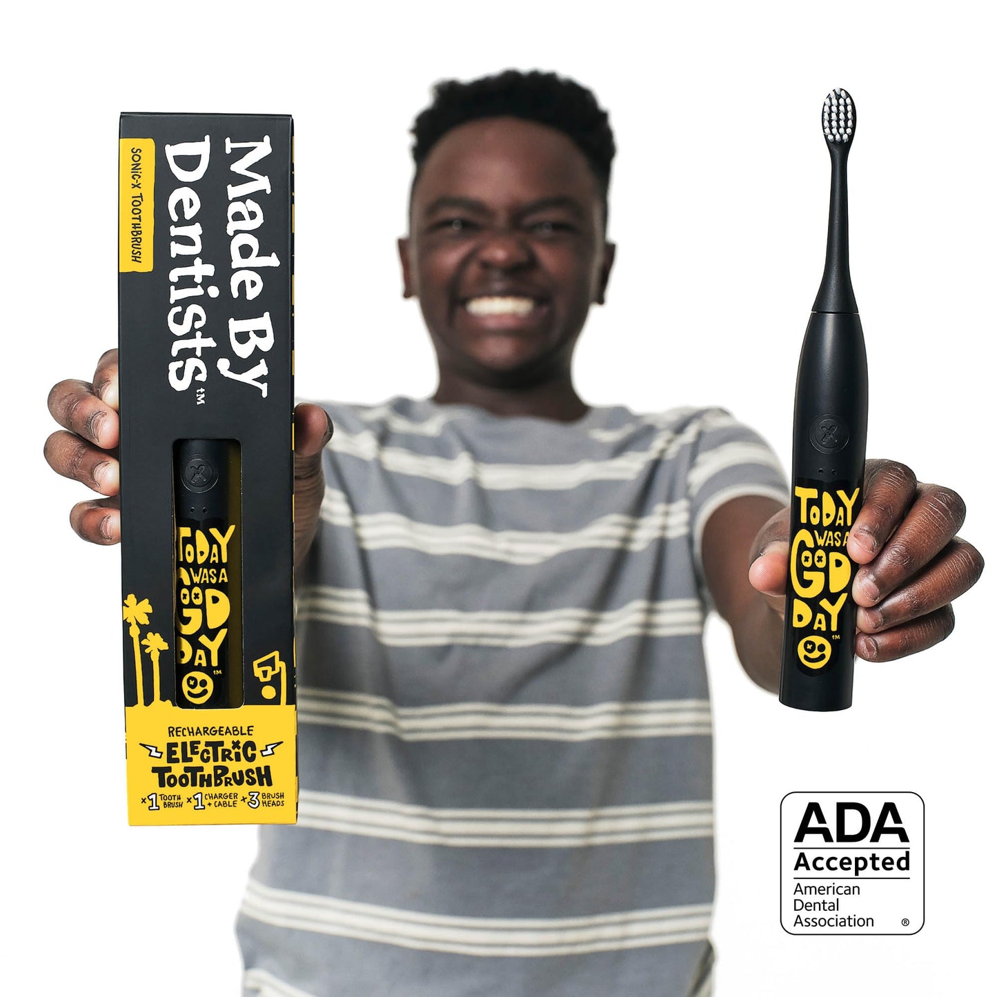 Made by Dentists Sonic X Electric Toothbrush – Rechargeable Kids Sonic Toothbrush, 8X Plaque Removal, 2 Speed Modes, 2-Minute Time, 6 Brush Heads Included, Tweens Ages 7+, Today was A Good Day Edition