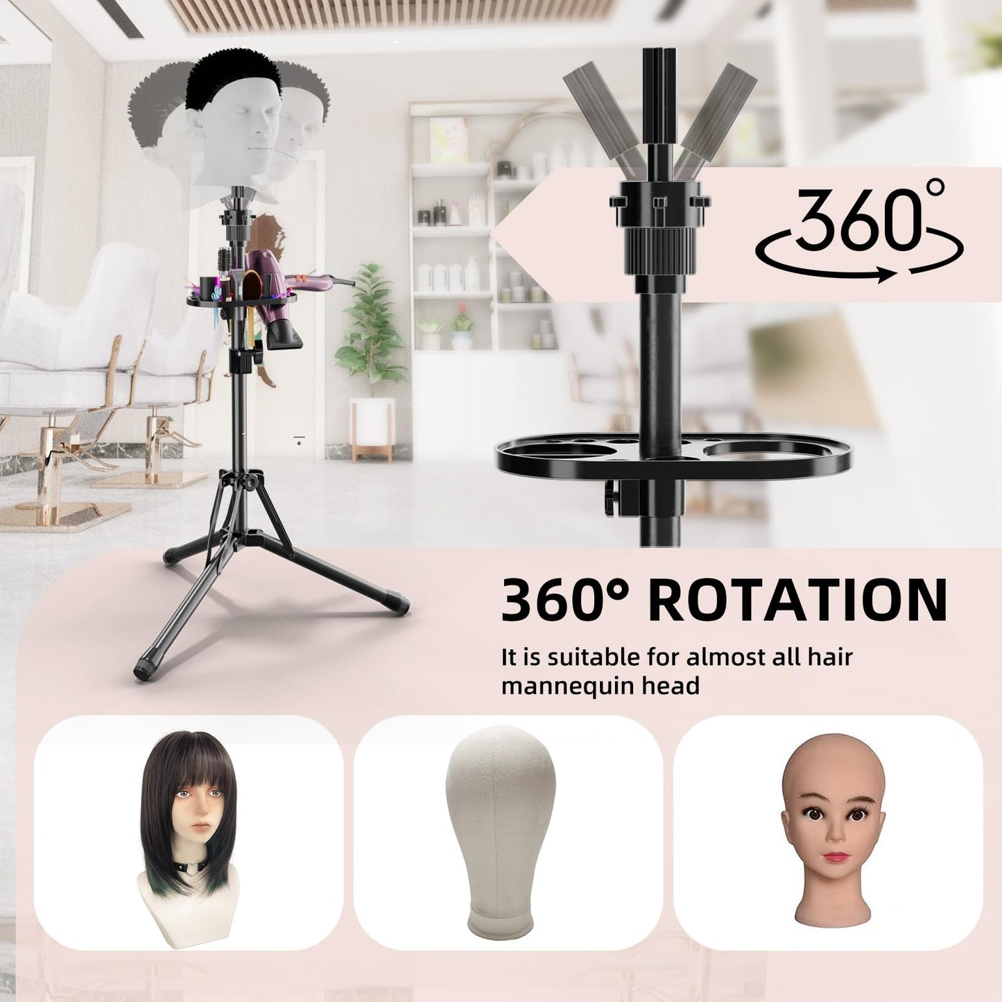 EBLIKI Wig Head Stand Tripod - Reinforced Mannequin Stand, Adjustable Height 31" - 57" Wig Stand for Styling, Cosmetology Hairdressing Training with Wig Caps, T-Pins Hair Clips