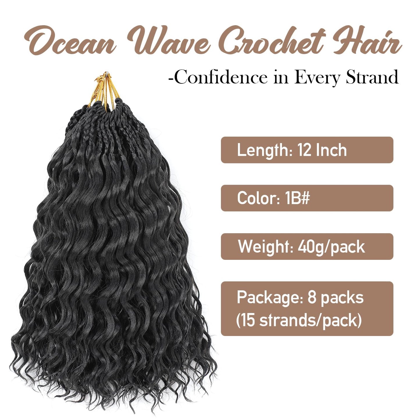 Pre looped Ocean Wave Crochet Hair 8 Packs 12 Inch Natural Black Synthetic Pre Twisted Ocean Braids Hair Boho Deep Wave Short Curly Crochet Hair for Black Women (12 Inch,1B#)