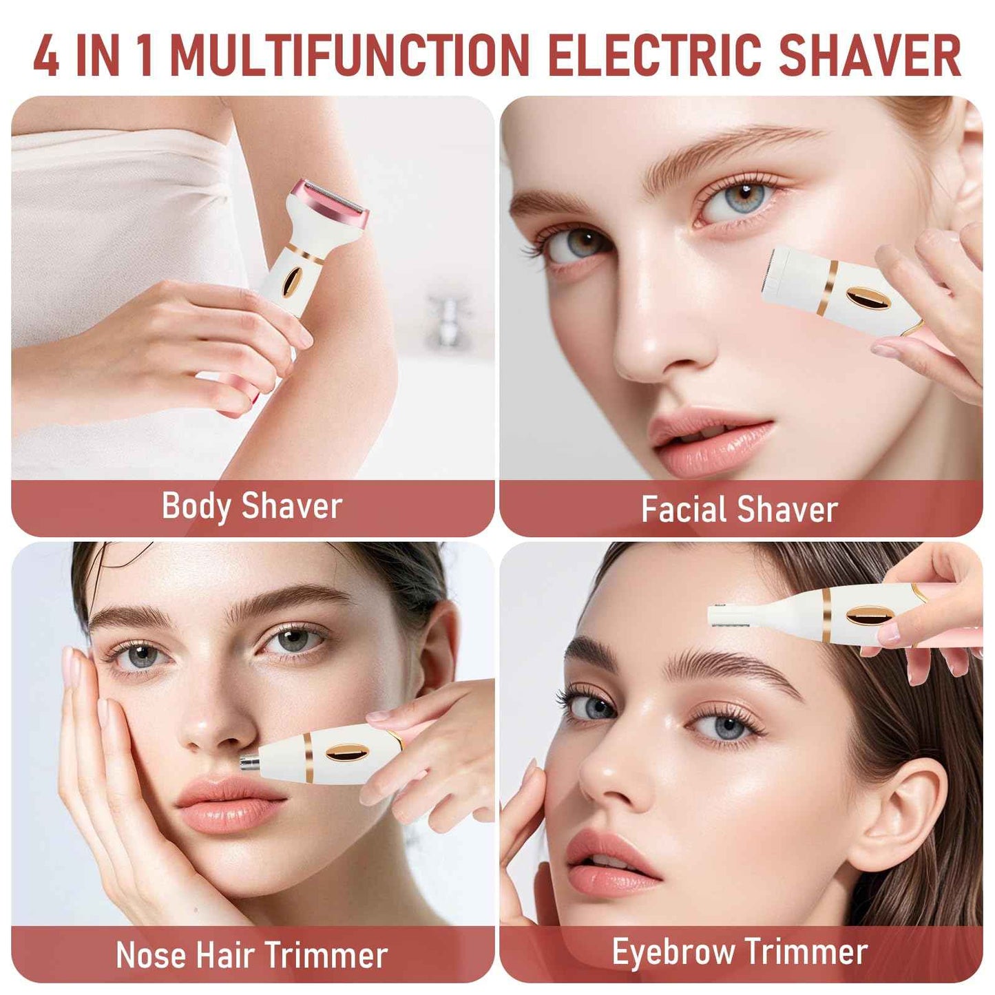 Women Electric Razors Shavers, Lady Bikini Trimmer 4 in 1 Electric Shaver Razor for Women Waterproof Wet/Dry Face Razors for Nose Eyebrow Arms Underarm Legs Pubic Area Painless Facial Hair Removal