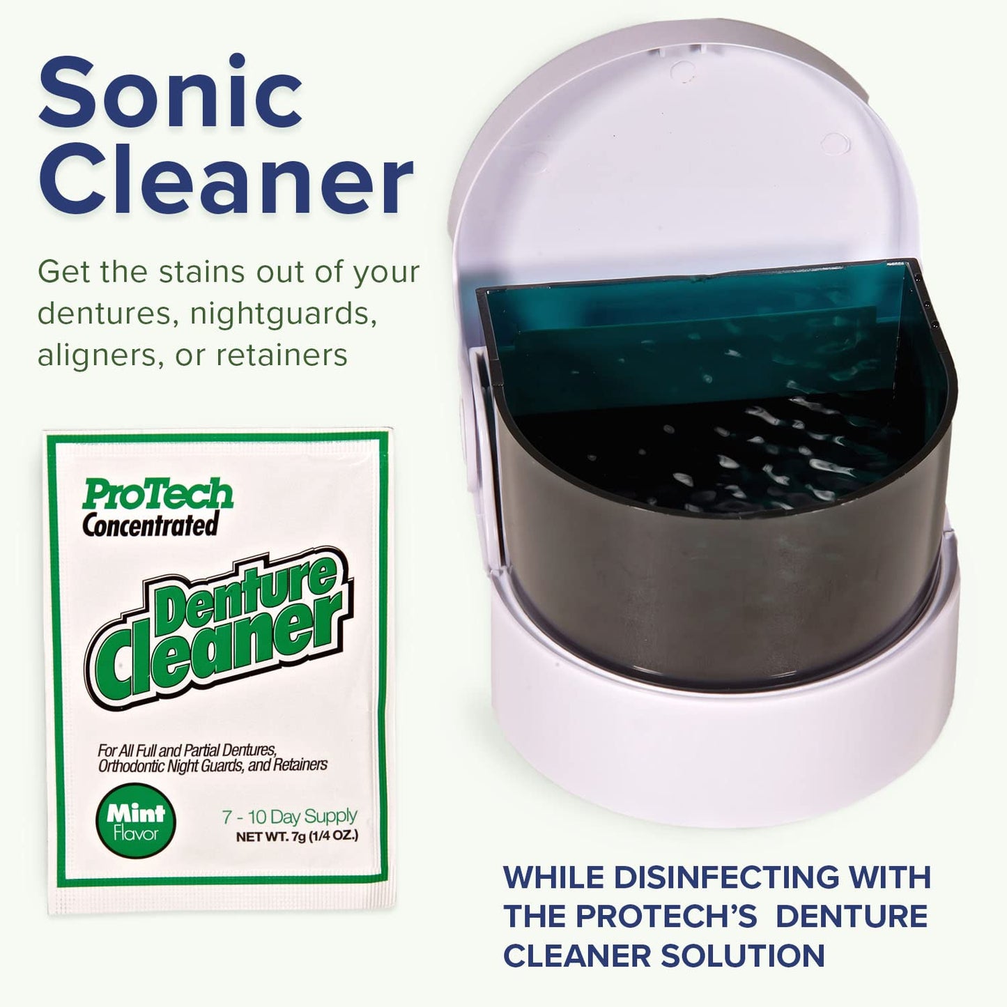 ProTech Removable Appliance Care Kit, Denture, Retainer, & Aligner and Cleaning Bundle with Ultrasonic Denture Retainer Cleaner, Brush, Solution, Informational Brochure, Pack of 3