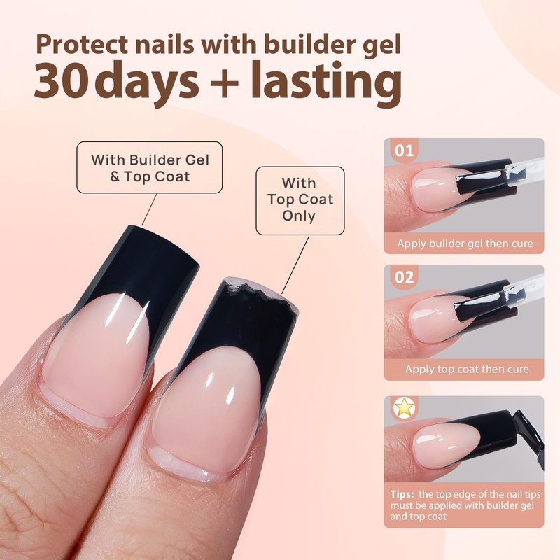 btartboxnails XCOATTIPS French Nails - Black French Tip Press on Nails, Soft Gel Square Nail Tips, Short Press on Nails, Soak Off Acrylic Nails Extensions Pink