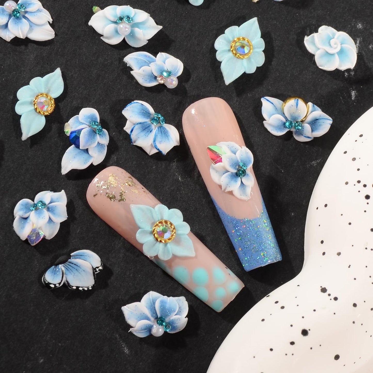 30PCS 3D Handmade Flower Nail Art Charms Advanced Handcrafted Cherry Blossom Flower Colorful Sculpted Floral Nails with Rhinestone Caviar Beads Design for Women Profession Nail Art Craft Jewelry