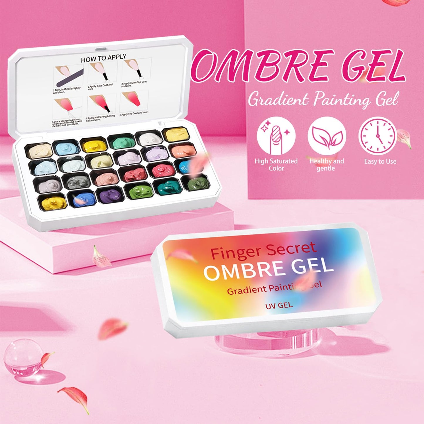 finger secret 24 Colors Ombre Gel Nail Polish Set,Ombre Pigment for Nails,Gradient Painting Blooming Gel with 100Pcs Nail Sponges for 3D Gels Nail Art can be Painted in Salon or Home Use