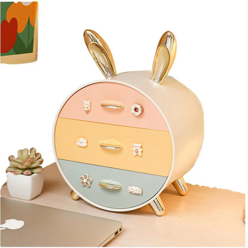 Makeup Organizer and Storage for Perfumes Cosmetics Jewelry,Easter Bunny Box for Countertop, skincare Cabinet Bins 3 draws Stackable Vanity Organizer for Dresser and Bathroom Countertop(Golden Ear)