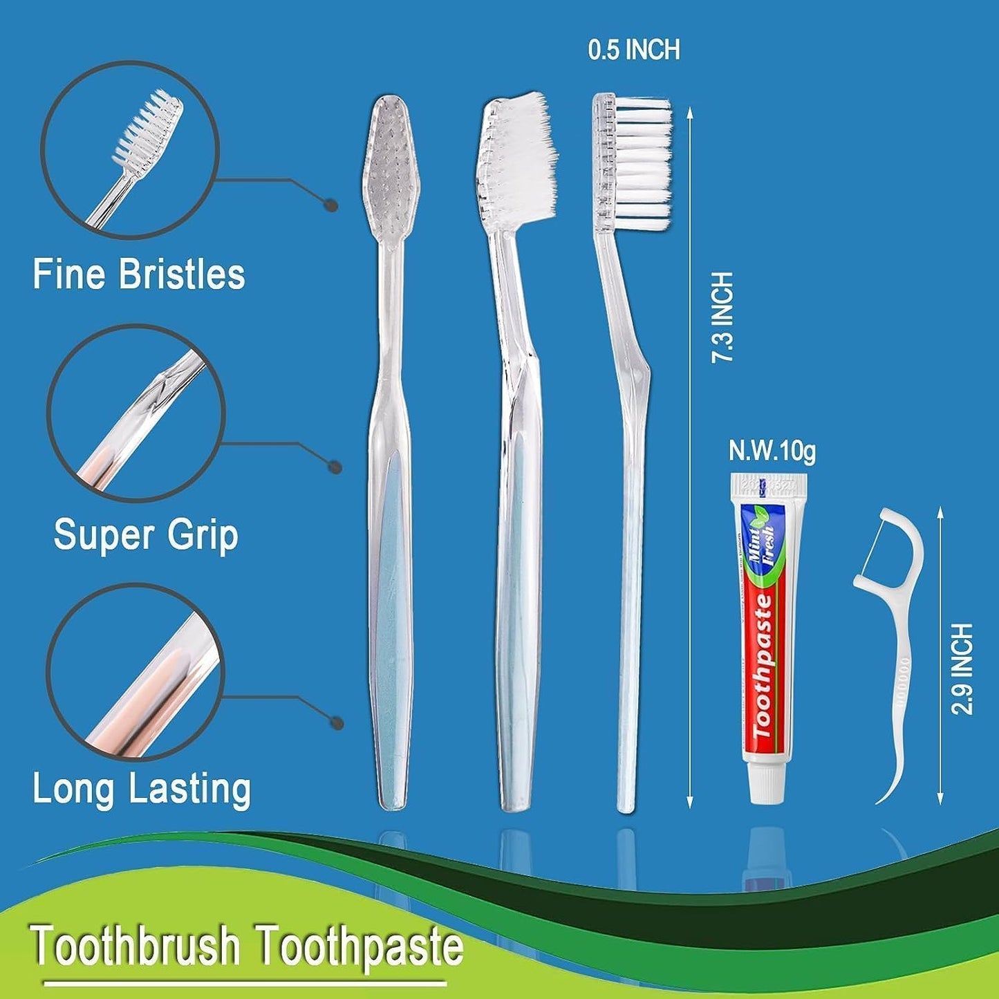 HQSLsund 100 Pack Disposable Toothbrushes with Toothpaste Floss Individually Wrapped, 2 Color Toothbrush,10g Toothpaste,Floss Pick,Bulk Toothbrush Kit for Homeless,Airbnb,Hotel,Guest