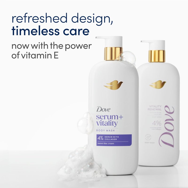 Dove Body Wash Vitality Renewal Promotes firmer, supple skin 4% restoring serum with collagen 18.5 oz