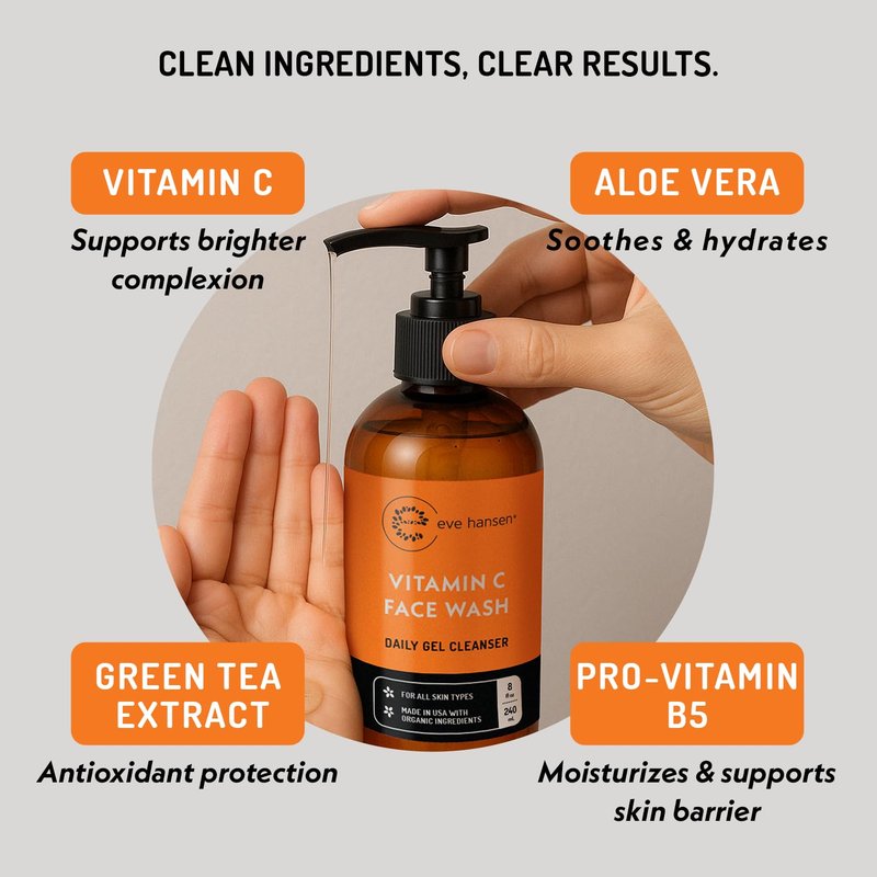 Vitamin C Cleanser | Gentle Facial Cleansing Gel for Uneven Skin Tone - 8 oz with Aloe Vera & Green Tea