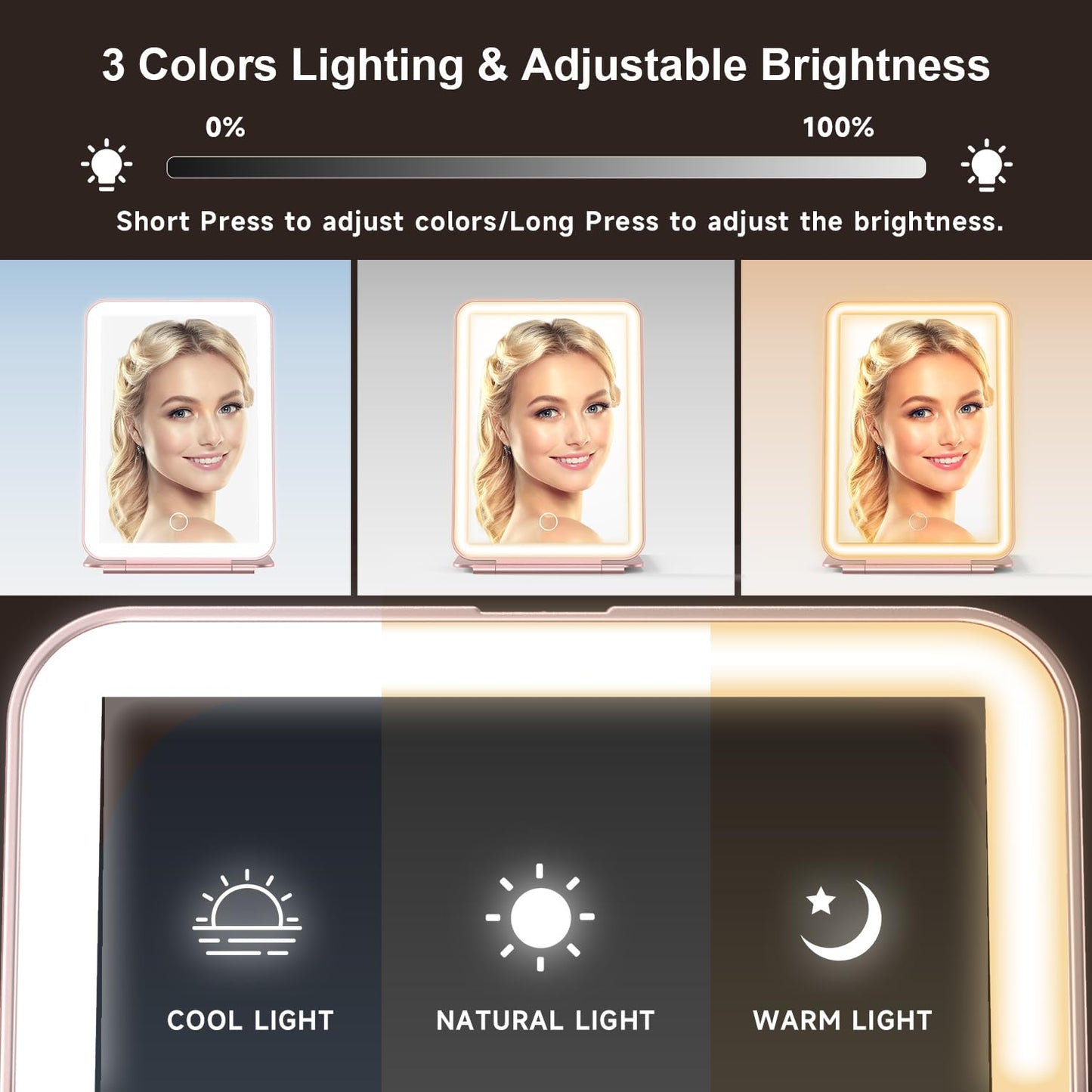 LED Foldable Travel Makeup Mirror - 5x7 inches 3 Colors Light Modes USB Rechargeable Touch Screen, Portable Tabletop Cosmetic for Travel, Cosmetic, Office (Rose Gold)