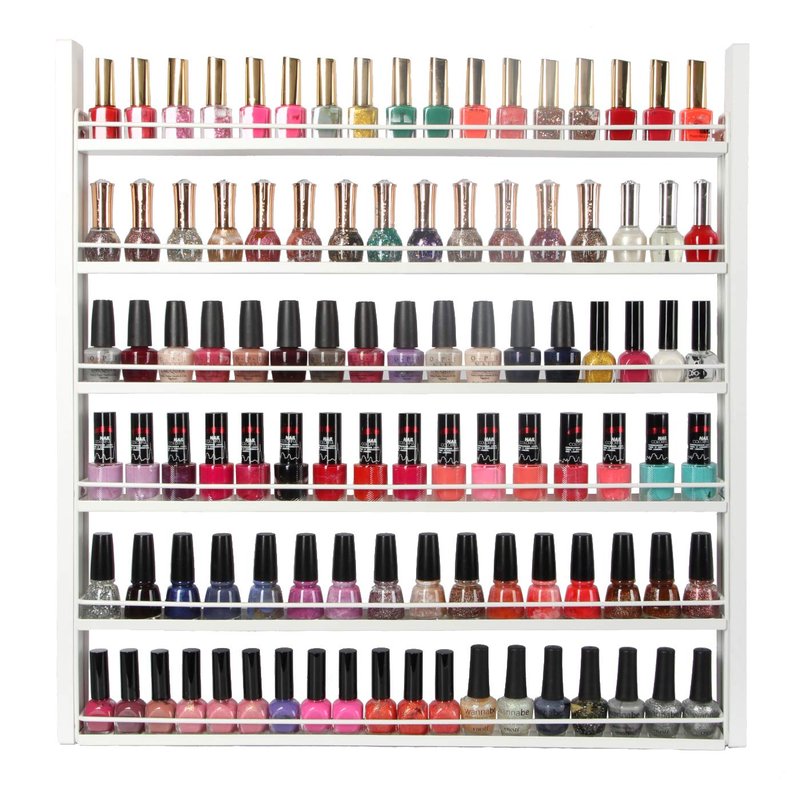 White Wood Nail Polish Organizer - 6-Tier Wall Mount Display Rack for 100 Bottles | Makeup & Essential Oil Storage