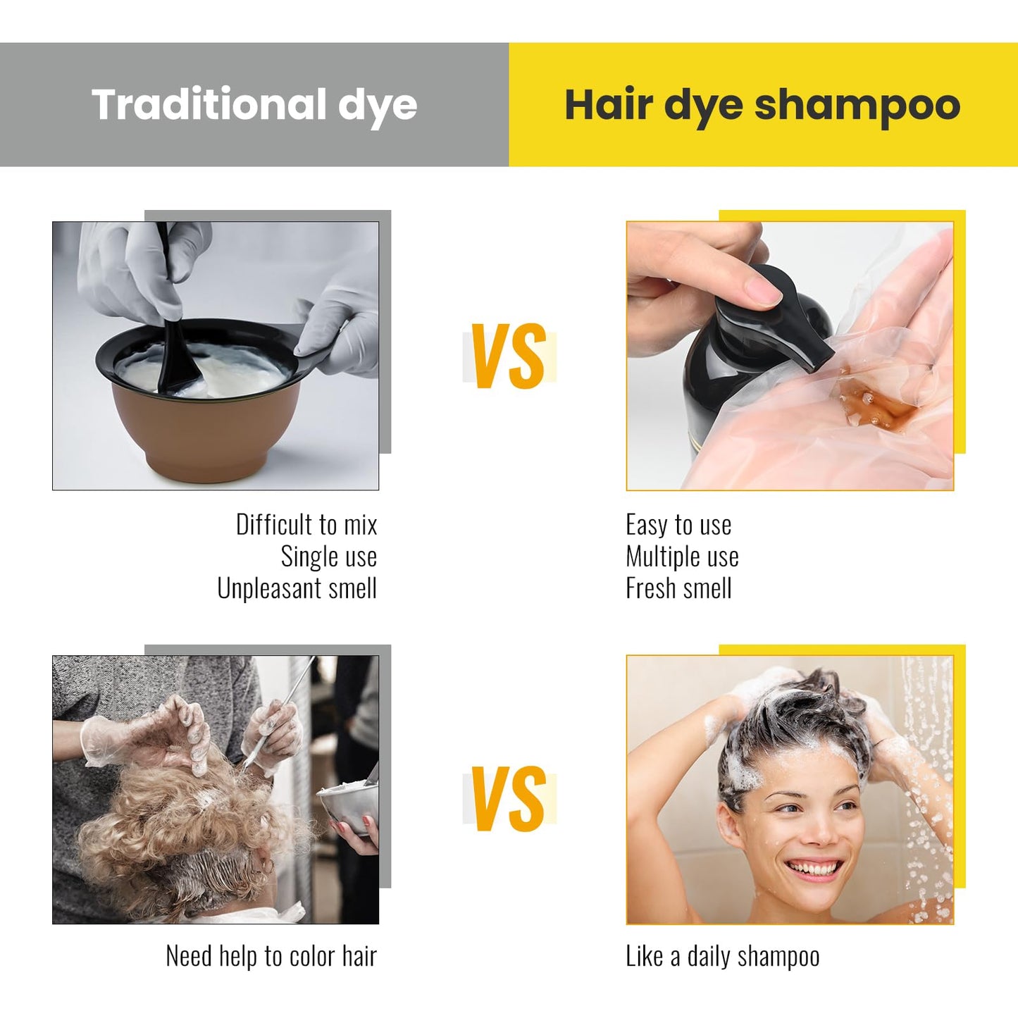 KINGMING Black Hair Dye Shampoo 3 in 1 for Gray Hair, Hair Color Shampoo for Women Men Grey Hair Coverage, Herbal Ingredients Champu Con Tinte Para Canas 500ml (Black).