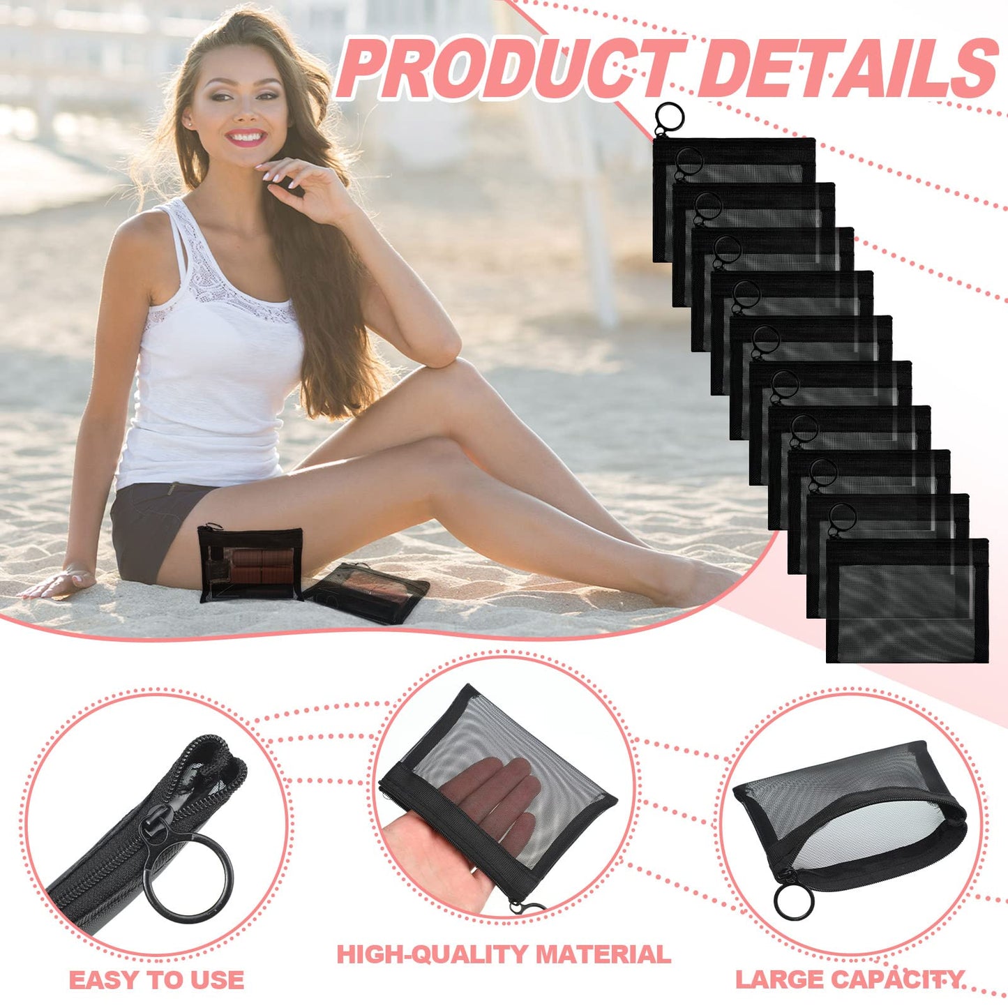 Saintrygo 40 Pcs Small Mesh Zipper Pouch Bags Mini Cosmetic Coin Purse Pouches Portable Black Nylon Storage Pouch with Keychain for Women Travel Makeup Cosmetic Storage