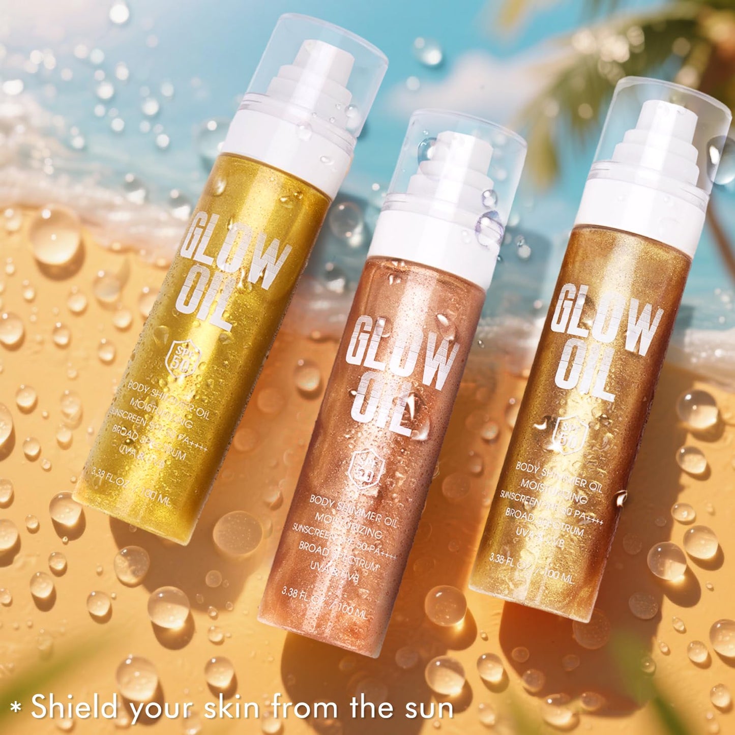 Body Glow Oil, Broad Spectrum SPF 50, Glitter Shimmer Sunscreen Body Oil Lotion with Sequin Mica, Lightweight Non-Sticky Moisturizer with Coconut, Skin Illuminator Glowing Results (01# Golden Amber)
