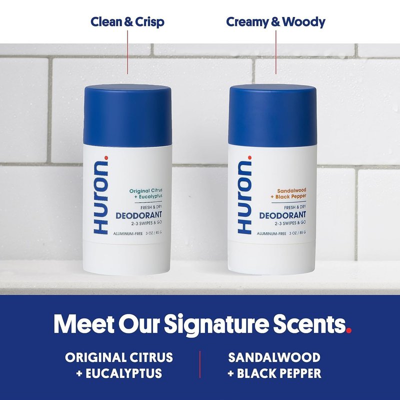Huron Deodorant for Men and Women, 48-Hour Odor Protection, Aluminum-Free Deodorant with Sandalwood + Amber Scent, Moisturizing, Phthalate-Free, Non-Toxic Clean Ingredients, 3.2 Oz (Pack of 2)