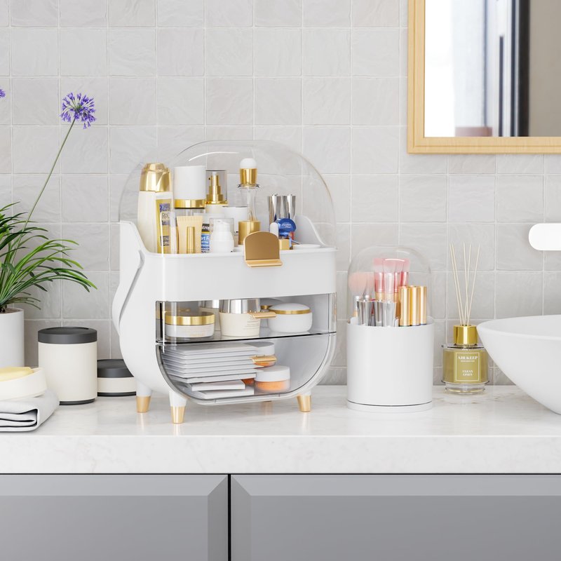 Yieach Makeup Skincare Organizer for Face Care Beauty Product,and Countertop Makeup Organizer with Cover,Make up Brush Holder,Large Capacity Cosmetic Storage Box & Caddy for Bathroom,Dresser,White