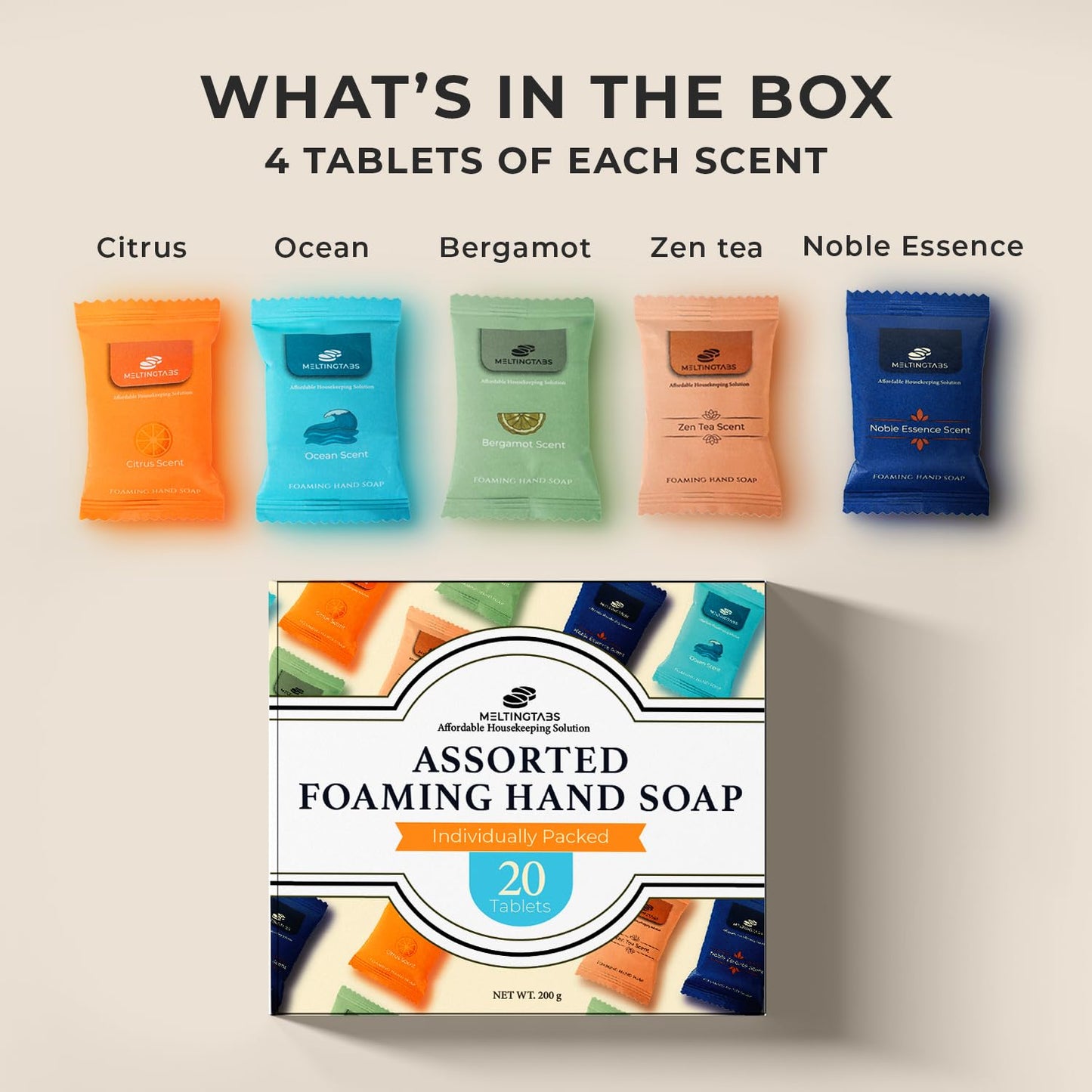 MELTINGTABS Foaming Hand Soap Tablets, Variety Pack — 20 Refill Tablets in 5 Scents (Citrus, Bergamot, Ocean, Noble Essence, Zen Tea) — Plastic-Saving Concentrated Refills for Foaming Dispensers