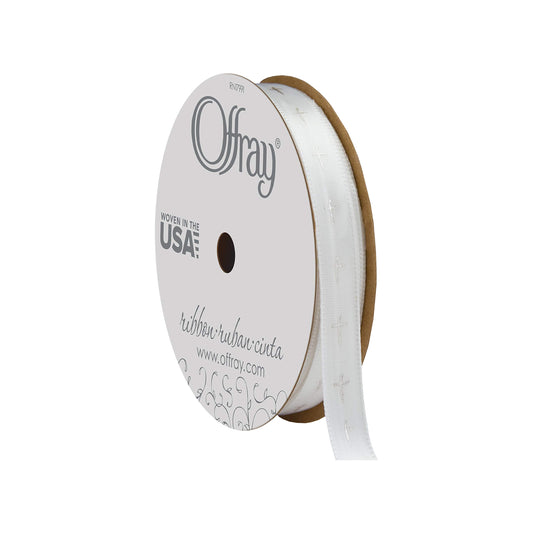 Offray Simple Cross Craft Ribbon, 3/8-Inch x 15-Feet, White & Silver