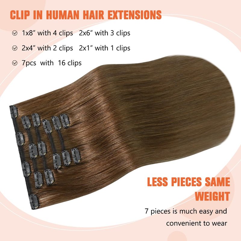 UGOTRAYS Light Brown Hair Extensions Clip in Human Hair 18 Inch 70g 7pcs Remy Hair Silky Straight 16clips One Pack for Women #6 Chestnut Brown Hair Extensions