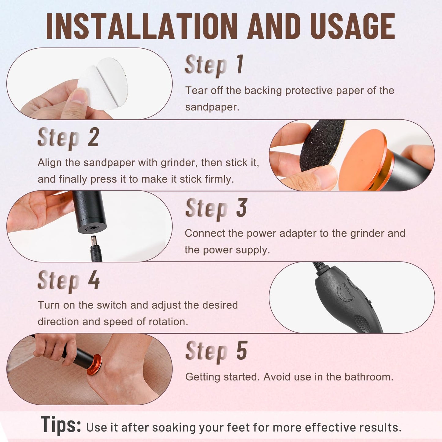 Dermawave Electric Foot File Callus Remover for Feet, Professional Electric Foot Sander Filer Grinder with 60 Sandpaper Discs for Men & Women, Pedicure Tool for Corn Dead Skin Cracked Heel