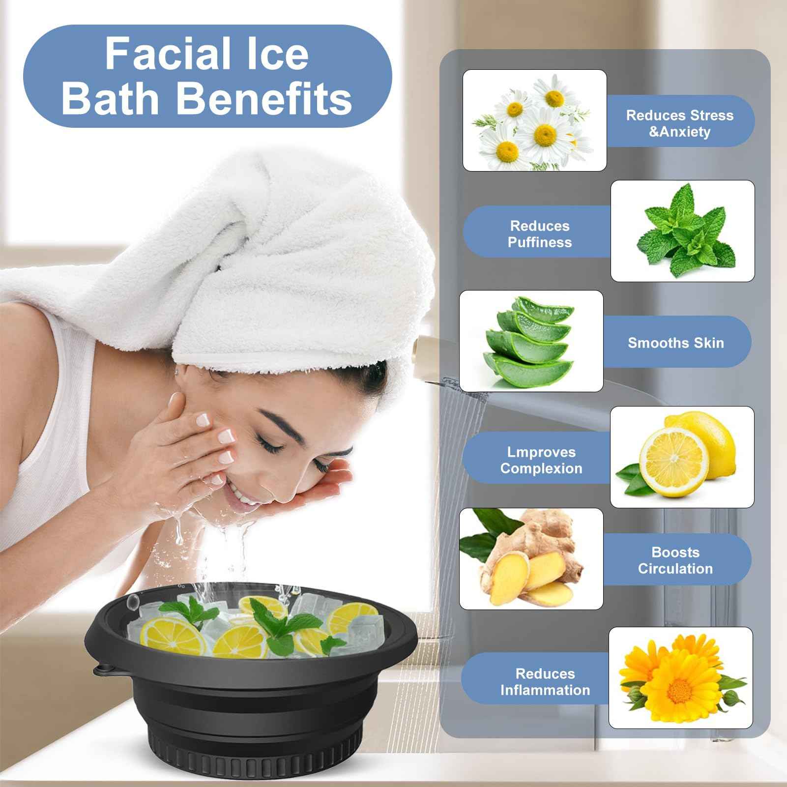 Face Ice Bath Bowl With Built-In Ice Tray, Silicone Ice Bowl Facial Folding Washbasin for Cold Plunge Therapy, Skin Tightening & Acne Relief, Reusable Ice Cubes Portable Spa Tool for Home & Travel