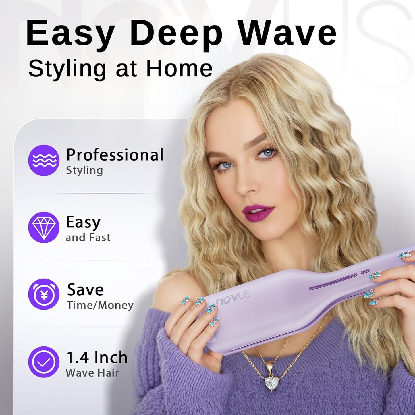Waver Hair Tool | NOVUSPRO Ionic Hair Crimper & Wave Curling Iron for All Hair Types - Adjustable Temps & Anti-Scald (1.4")