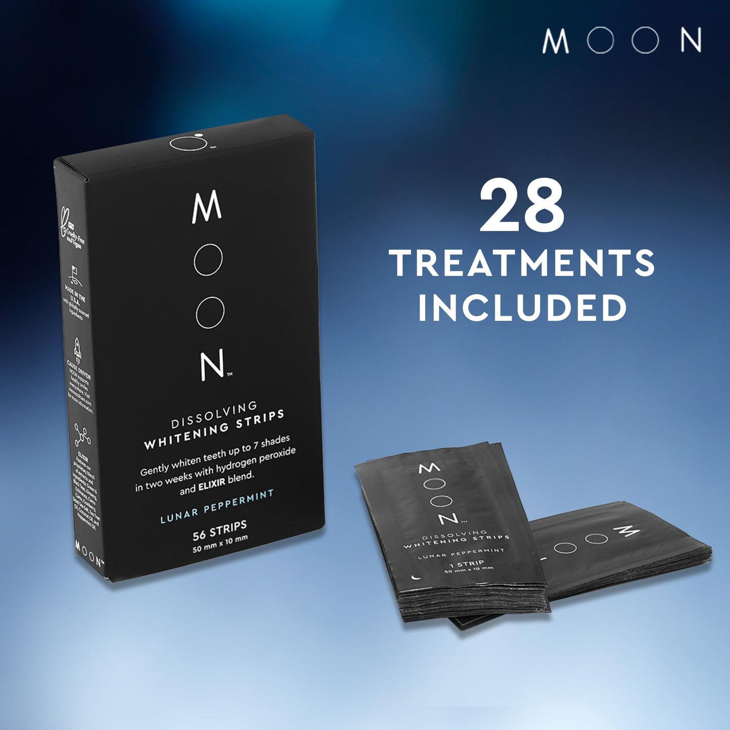 MOON Dissolving Teeth Whitening Strips, 56 No Rinse White Strips, Peppermint, Hydrogen Peroxide & Essential Oils, Whiten Sensitive Teeth up to 7 Shades in 2 Weeks, Travel Essentials, Vegan Oral Care