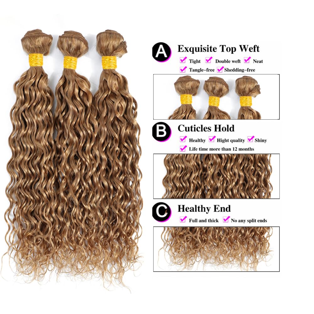 Biliisyff Honey Blonde Bundles Human Hair Color 27 Water Wave Bundles Human Hair Brazilian Virgin Hair Honey Blonde Water Wave Bundles For Black Women 8 10 12 Inch