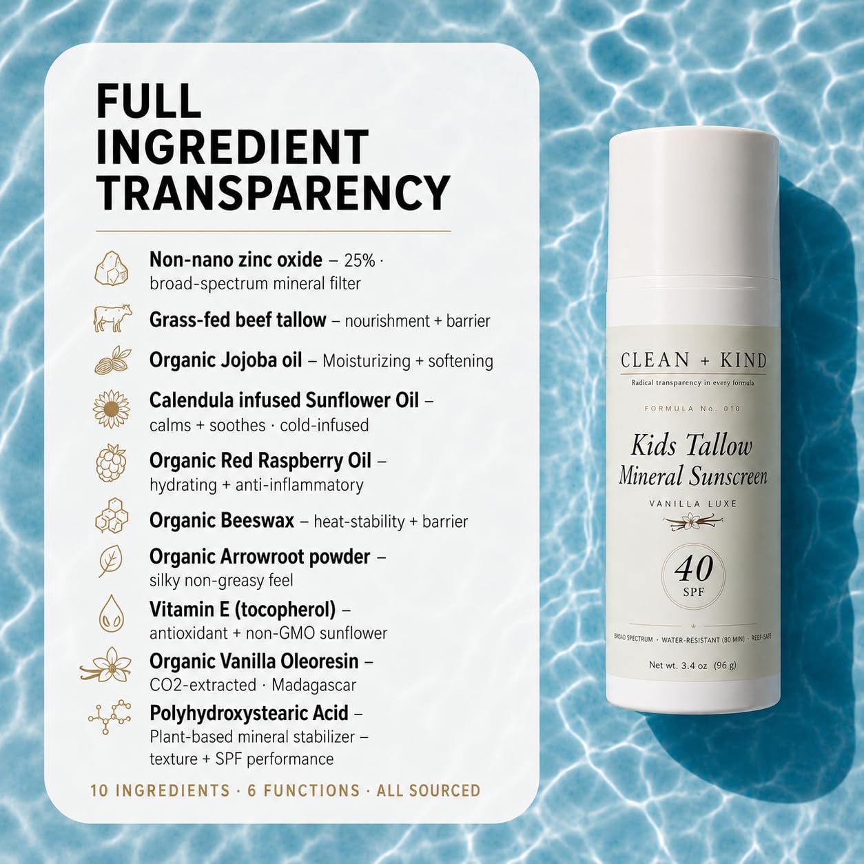 Clean + Kind Kids Sunscreen Mineral SPF 40 Vanilla — Non Toxic Baby & Toddler Sunblock with Non-Nano Zinc Oxide, Grass-Fed Tallow, Natural Reef-Safe Sun Lotion, No White Cast for Sensitive Skin