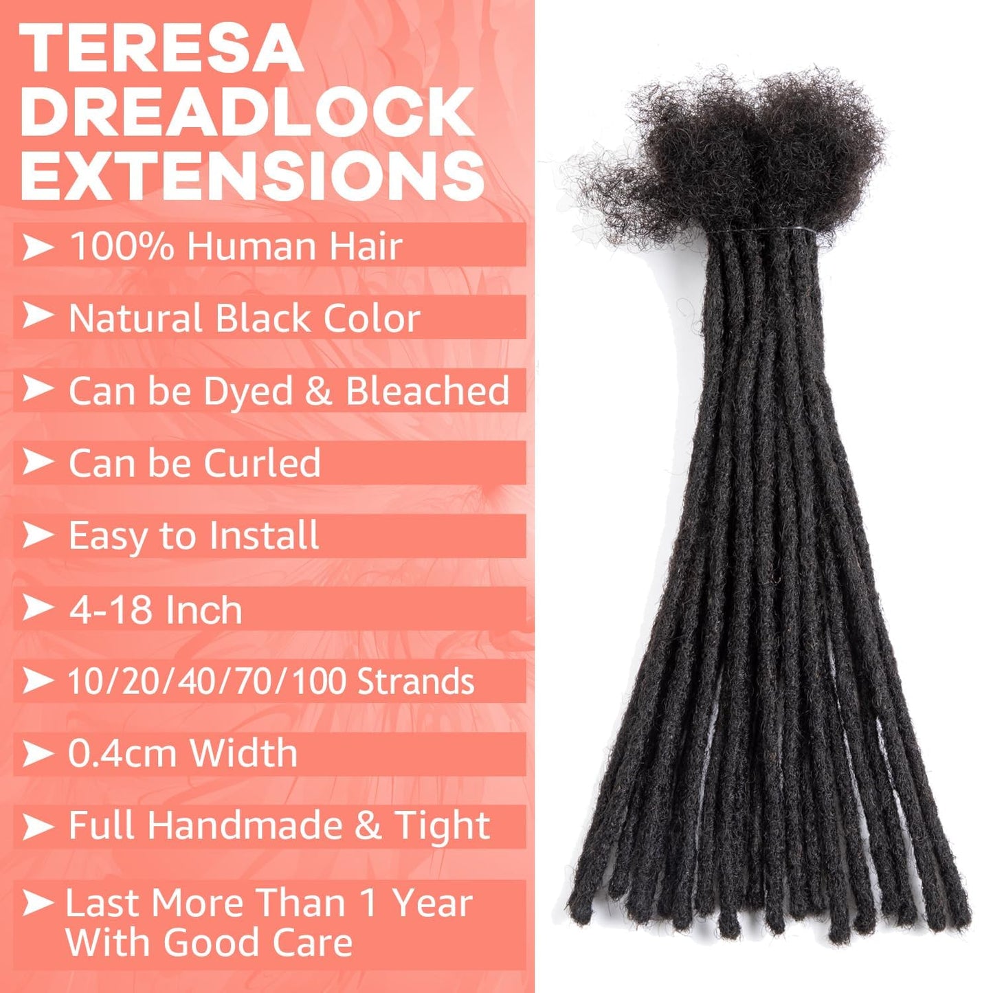 Teresa 0.4cm & 0.6cm & 0.8cm Width 100% Human Hair Dreadlock Extensions for Men/Women/Kids, Full Hand-made Locs Extensions Human Hair (0.4cm,6 Inch/20 Strands,Natural Black)
