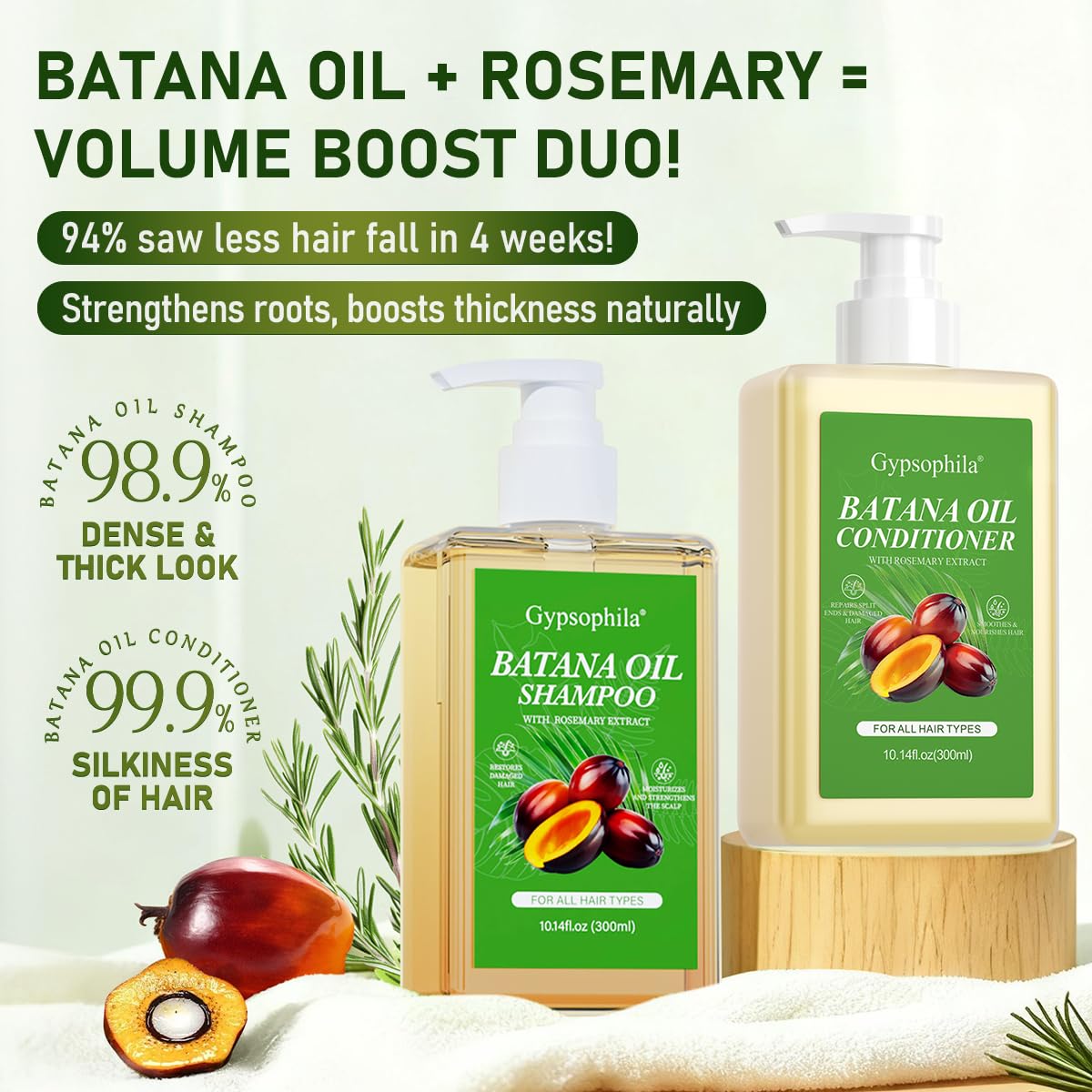 Gypsophila Batana Oil Shampoo and Conditioner, Hair loss and Batana Oil for Hair Growth Shampoo, Sulfate-Free for Both Men and Women 10.14 Fl Oz