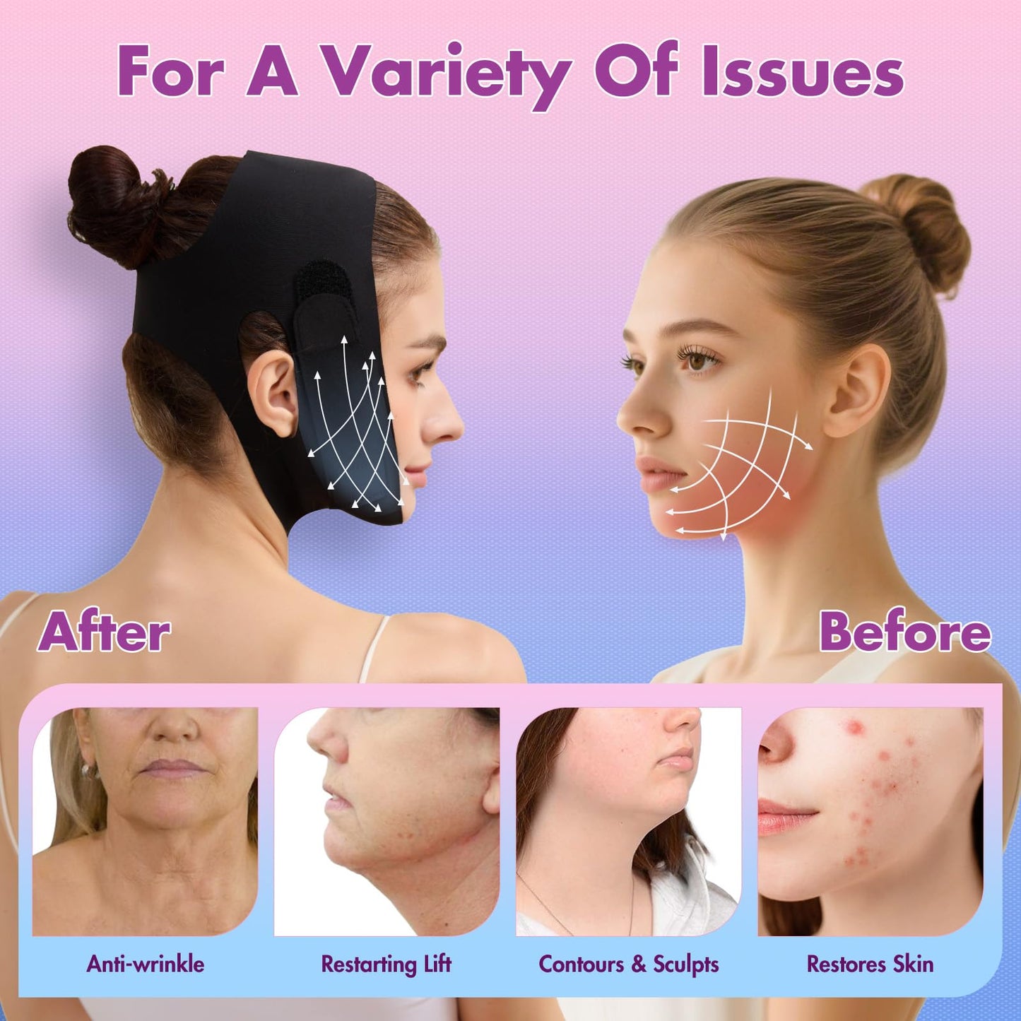 2 Pack Face Slimming Strap, Double Chin Reducer Band, Graphene V-Line Mask Chin Up Mask V Shaped Face Mask Chin strap for sleeping, V-Line Lifting Mask for Women, Medium, Black and Black