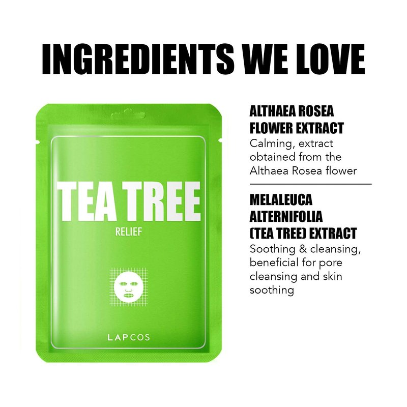 LAPCOS K Beauty Derma Tea Tree Sheet Mask - Soothing & Calming Face Mask with Althaea Flower for Irritated & Sensitive Skin - Breathable, Lightweight TMF-Cell Sheet - Korean Skin Care (Pack of 5)