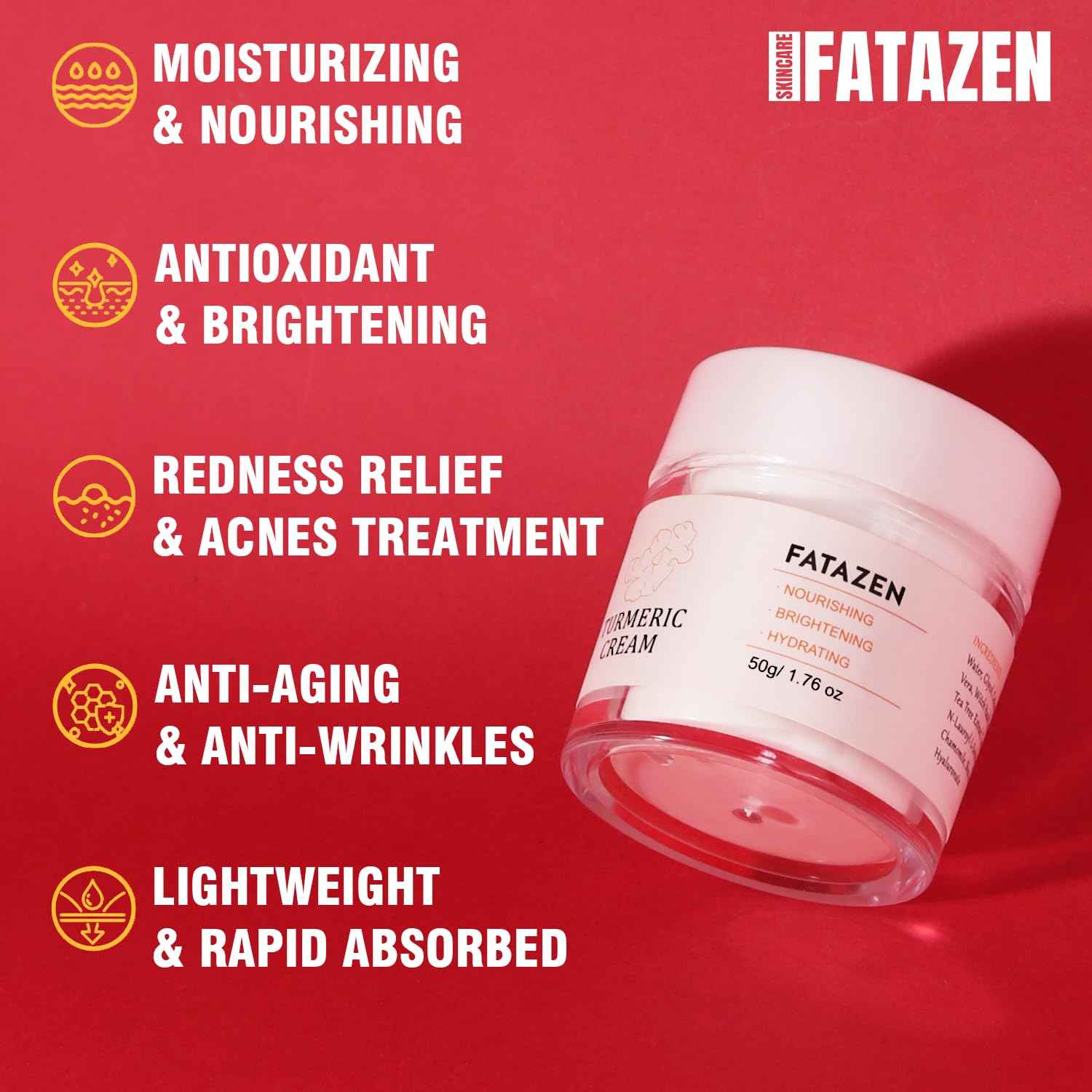 FATAZEN Turmeric Face Cream with Hyaluronic Acid & Aloe Vera for Acne-Prone Skin, Non-Comedogenic Daily Brightening Turmeric Moisturizer, Tea Tree Cream Calming Redness & Balancing Oily Sensitive Skin
