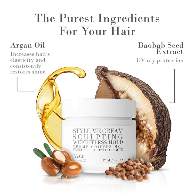 VoCÊ Haircare Natural Styling Cream | Anti-Frizz, Weightless Hold, Shine Enhancing, Non-Toxic, Vegan Haircare for All Hair Types with Argan Oil, Baobab Extract, Brazil Nut Oil (2 oz | 57 ml)
