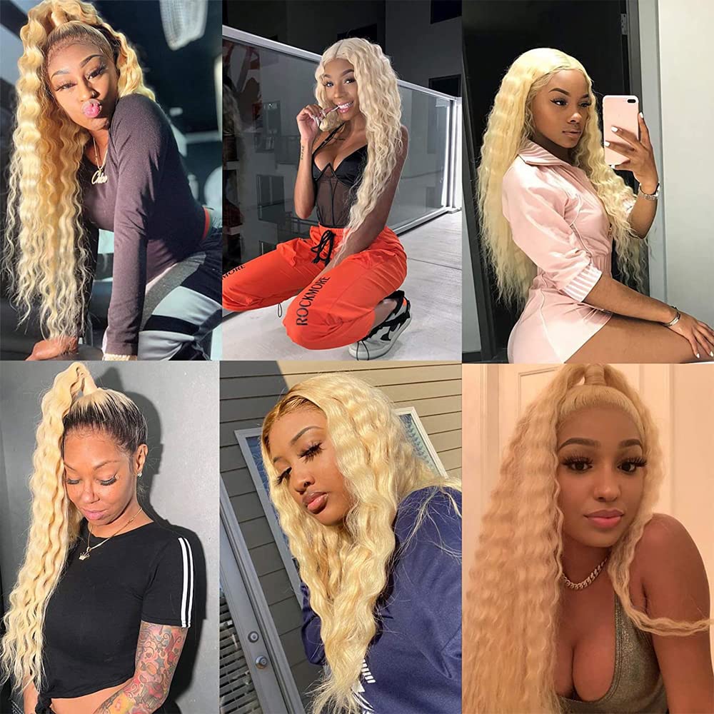 FuivJuix 613 Blonde Bundles Deep Wave Bundles Human Hair 16 16 16 Inch Brazilian Virgin Hair Honey Blonde Deep Wave Bundles Human Hair Extensions 3 Bundle 50 Gram Per Bundle