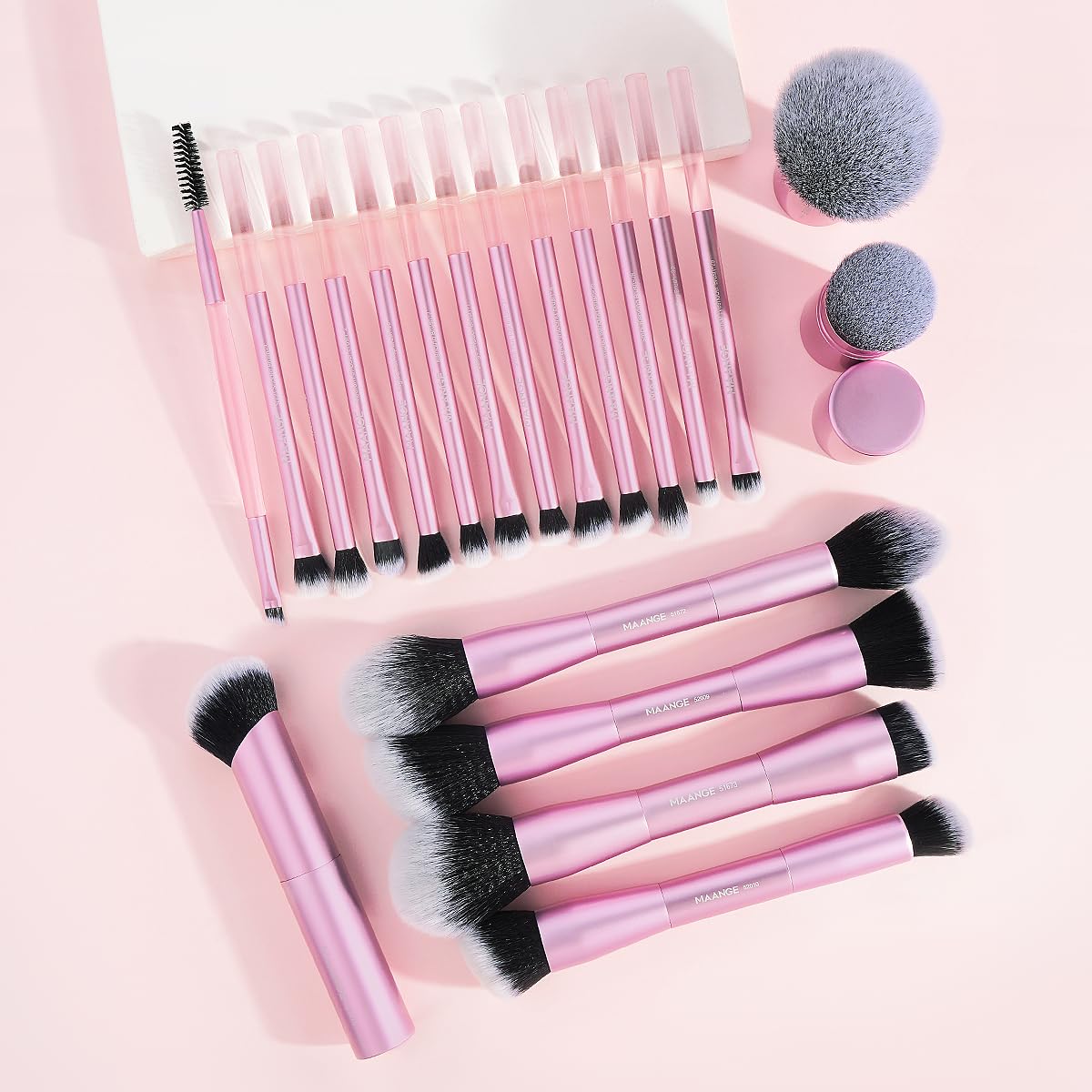 MAANGE 20 PCS Foundation Makeup Brush Set, Double-ended Kabuki Contour Brush for Liquid Powder Concealer Blending Blush Buffing Makeup Tools (Pink)