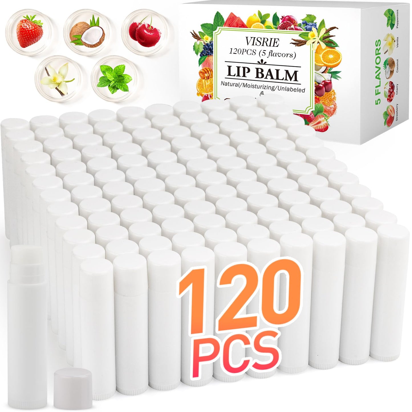 VISRIE 120 Pack Lip Balm Unlabeled, Natural Lip Balm Bulk Blank Tube, Personalized Lip Balms for Party Favors Adults and Bridal Shower Favors or Baby Shower Gifts-5 Flavors