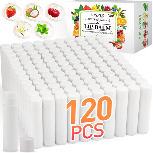 VISRIE 120 Pack Lip Balm Unlabeled, Natural Lip Balm Bulk Blank Tube, Personalized Lip Balms for Party Favors Adults and Bridal Shower Favors or Baby Shower Gifts-5 Flavors