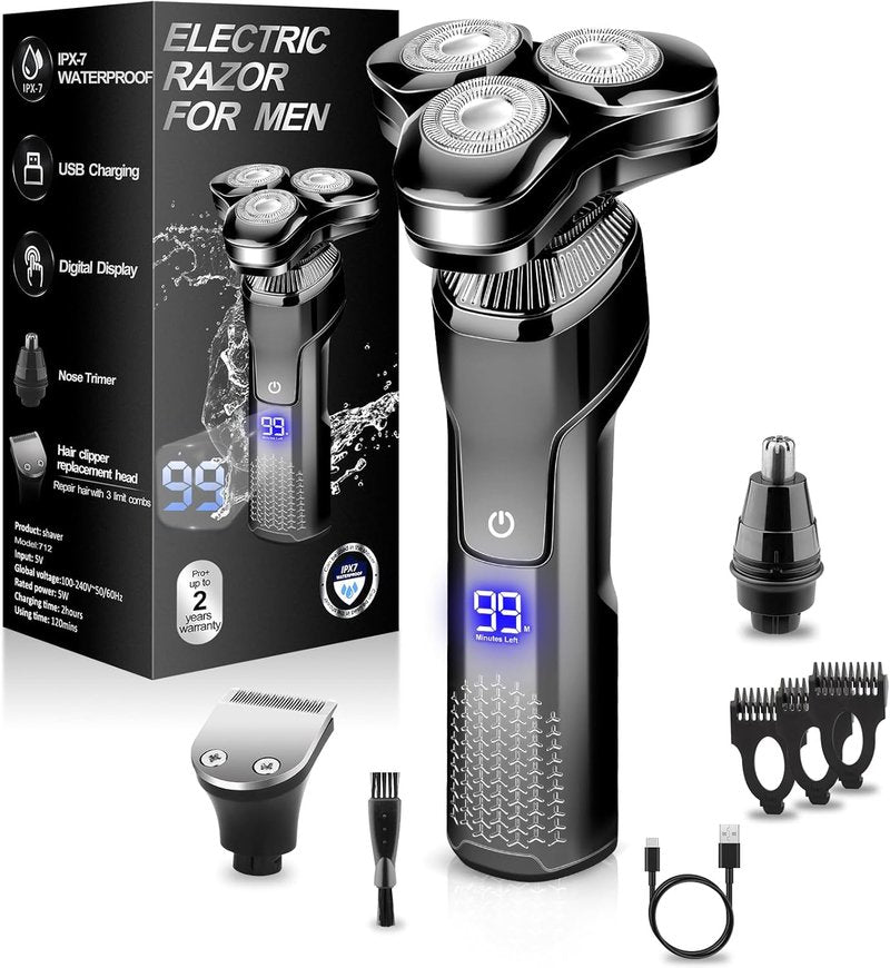 Electric Razor for Men - Waterproof Rotary Shaver with LED Display | Rechargeable Cordless Design