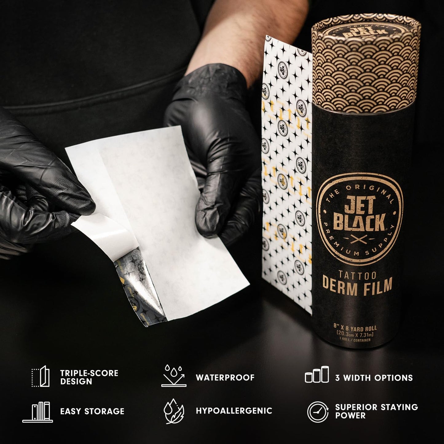 Jet Black Derm Film Tattoo Aftercare Wrap (6" x 8 yd) – Breathable Waterproof Adhesive Bandage with Triple-Score Backing, Easy-Dispense Tube, Hypoallergenic Tattoo Healing Film