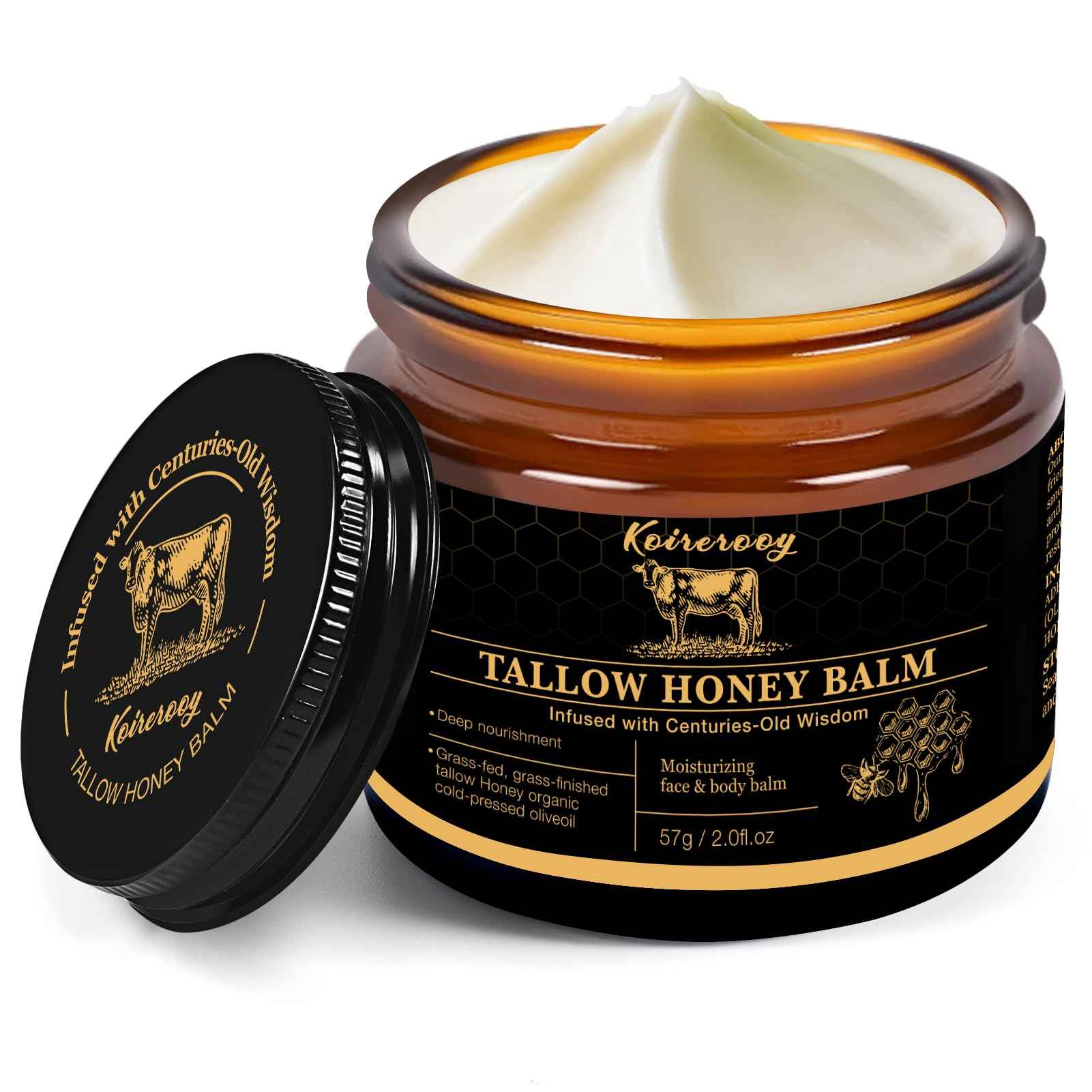Koirerooy Beef Tallow for Skin, Organic Grass-Fed Beef Tallow and Honey Balm for Face, Natural Formula for Dry Skin (unscented) (2.0Fl Oz, Unscented)