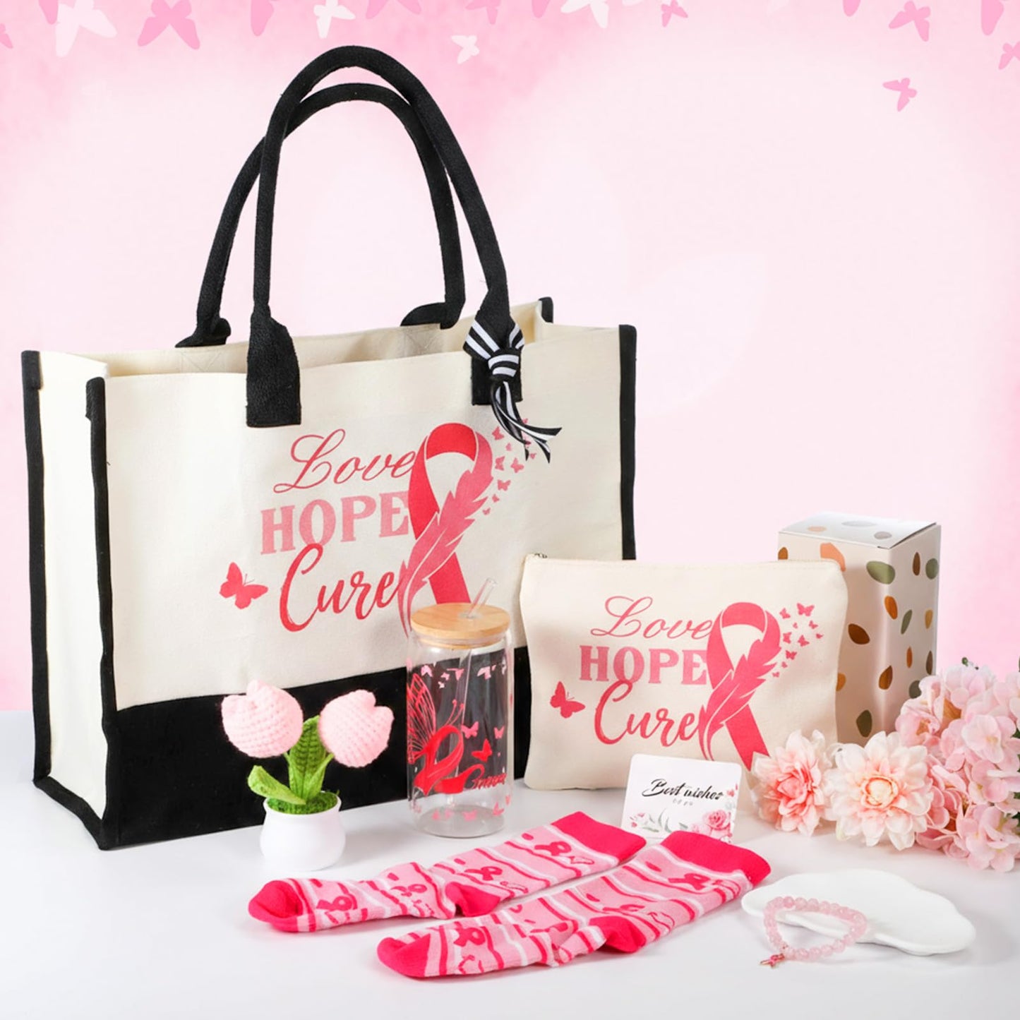 Capoda 7 Pcs Breast Cancer Gifts for Women Include Tote Bag Makeup Bag Glass Cup Card Sock Bracelet Crochet Flowers Breast Cancer Awareness Accessories Gifts Set Care Package for Survivor Patients