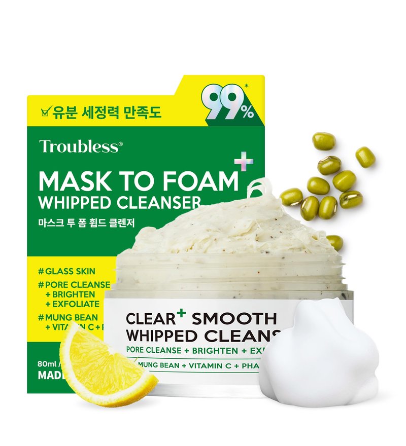 Troubless CLEAR PLUS Smooth Whipped Cleanser – Korean Skin Care Mask-to-Foam Facial Cleanser w/Vitamin C, Mung Bean, Kaolin Clay & PHA – Pore-Refining & Hydrating Face Wash (2.70 fl oz)