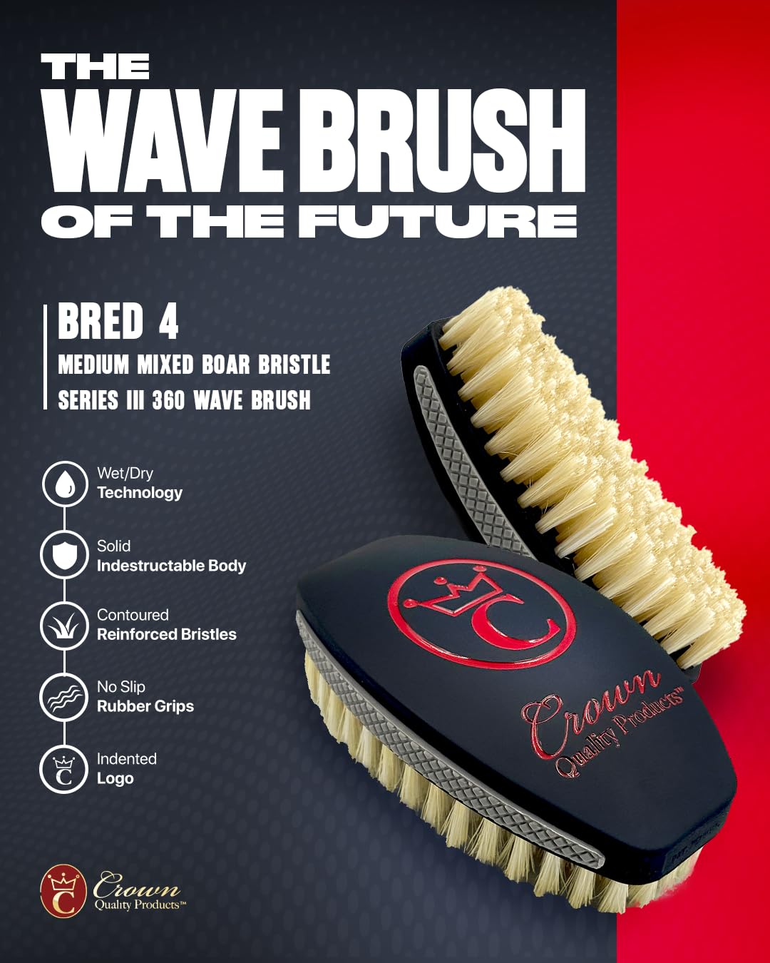 NEW OLIVE MEDIUM Crown Quality Products Curved 360 Wave Caesar 2.0 Mixed Boar Bristle Hairbrush - Non-Slip Grip, Waterproof, Debossed Logo, Indestructible Body - The Ultimate 360 Wave Brush