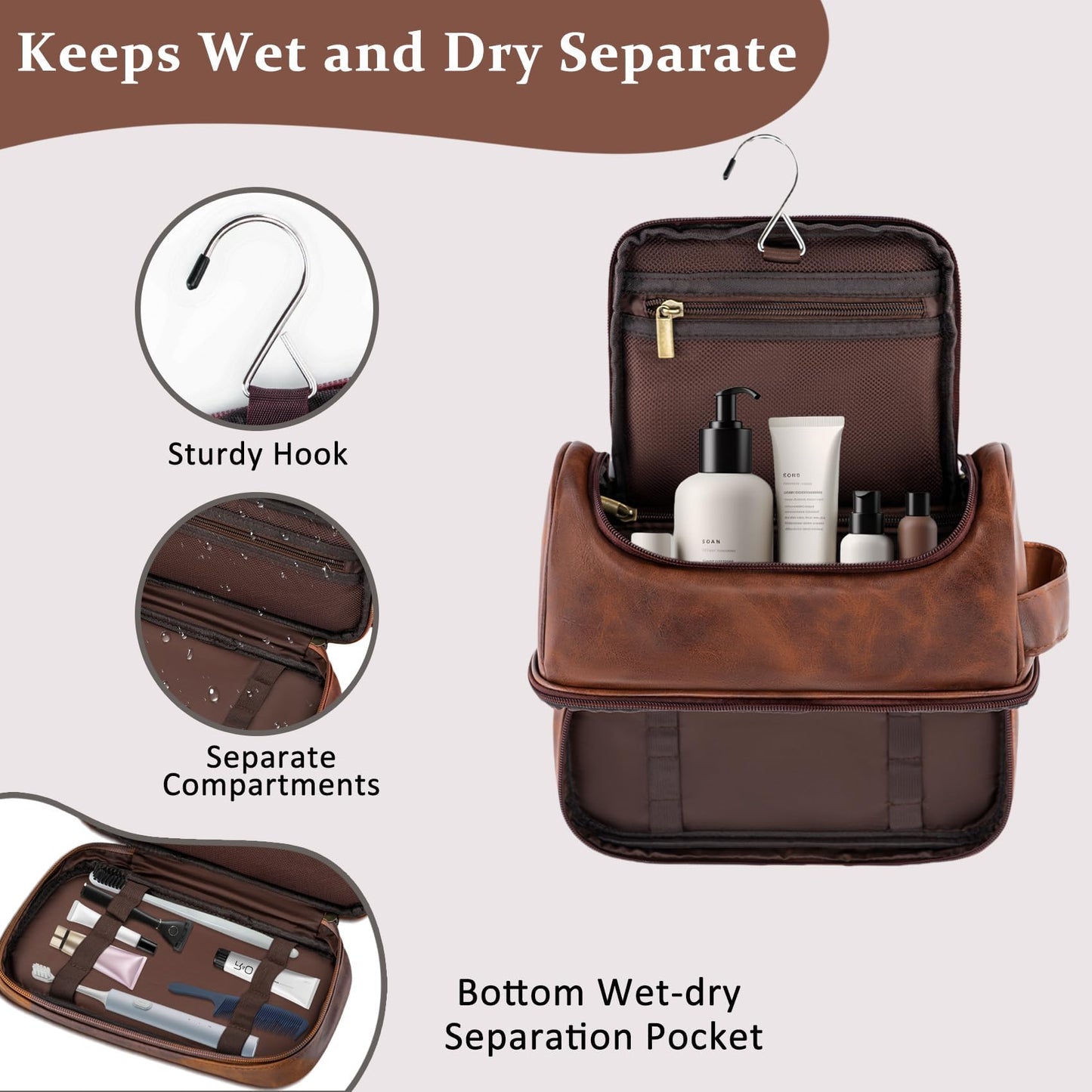 Aganmi Travel Essentials Accessories Initial Letter Hanging Toiletry Bag for Men, Personalized PU Leather Waterproof Travel Size Toiletries Storage Organizer Shaving Bag for Men, Reddish Brown R