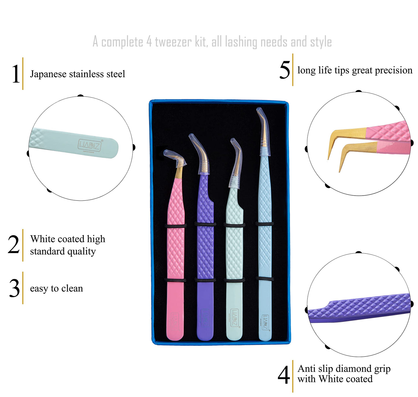 HADIZ Fiber Tip Tweezers Set of 4 Diamond Grip Eyelash Extensions Tweezers Japanese Stainless Steel Lash Tweezer (Combination)