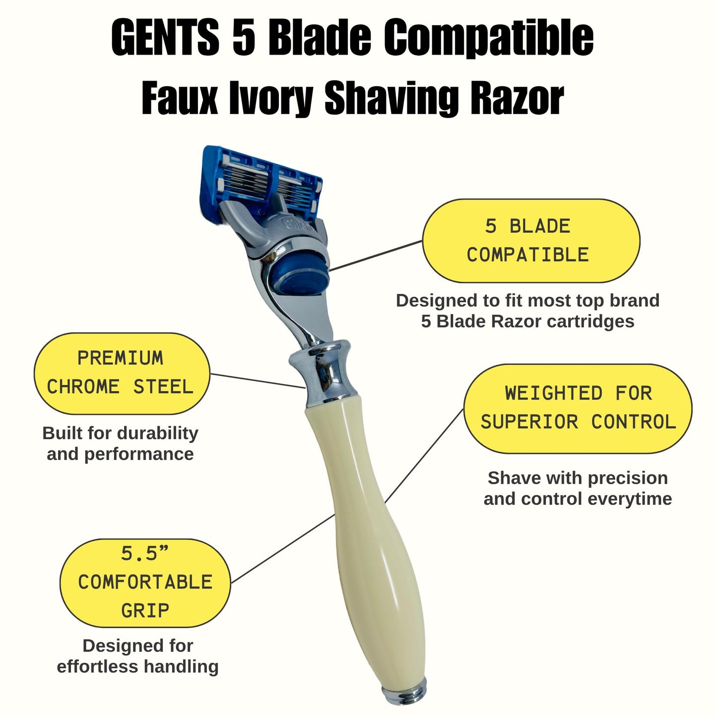 G.B.S Ivory 5 Blade Compatible Razor 5.5in Length Ergonomic Handle