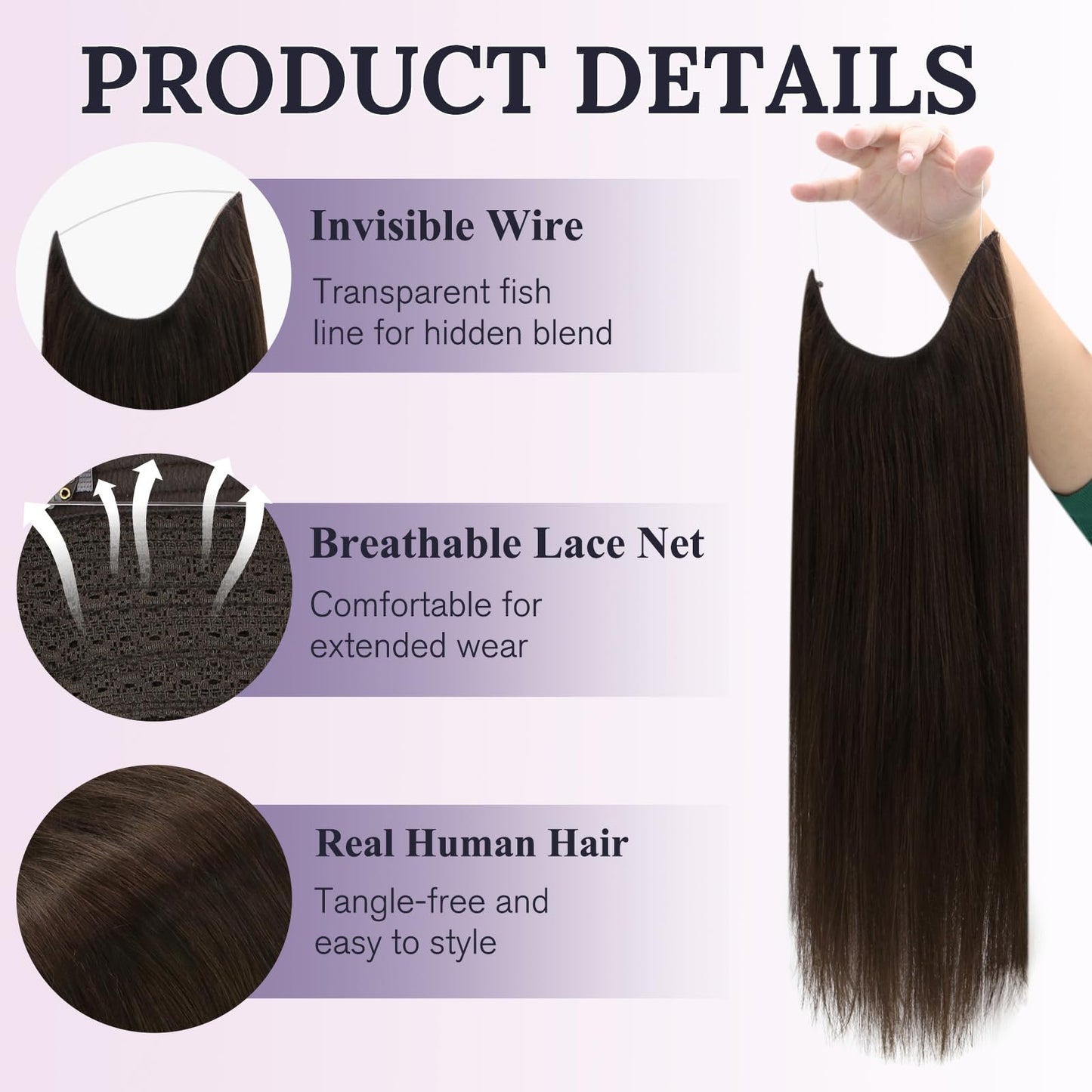 Fshine Invisible Wire Hair Extensions, Dark Brown Color 10 Inch 56G Hidden Wire Human Hair Extensions, Clip in One Piece Straight Hair for Women Add Volume