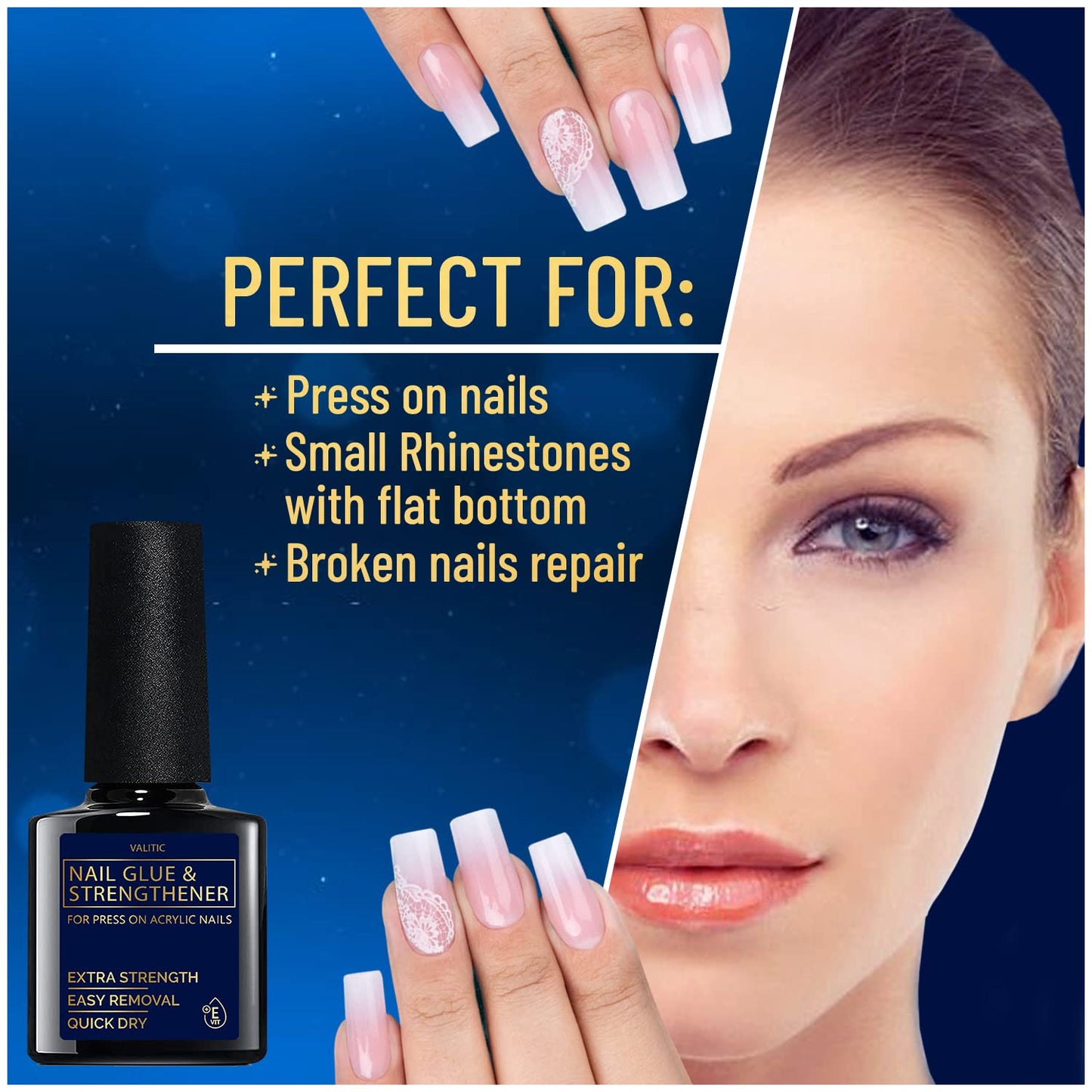 Valitic Strong Nail Glue and Strengthener for Acrylic and Press On Nails - Quick Dry Brush On Gel for Long Lasting Effect - Adhesive Nail Bond for False Nails with Tips Strengthener - 4 Pack
