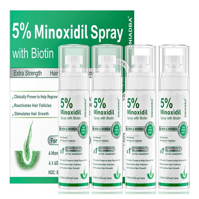 5% Minoxidil Spray for Hair Growth, 4 Pack (8.12oz), For Men & Women – Extra Strength Hair Regrowth Treatment with Biotin & Castor Oil, Supports Thicker Fuller Hair & Beard, Non-Greasy 4-Month Supply